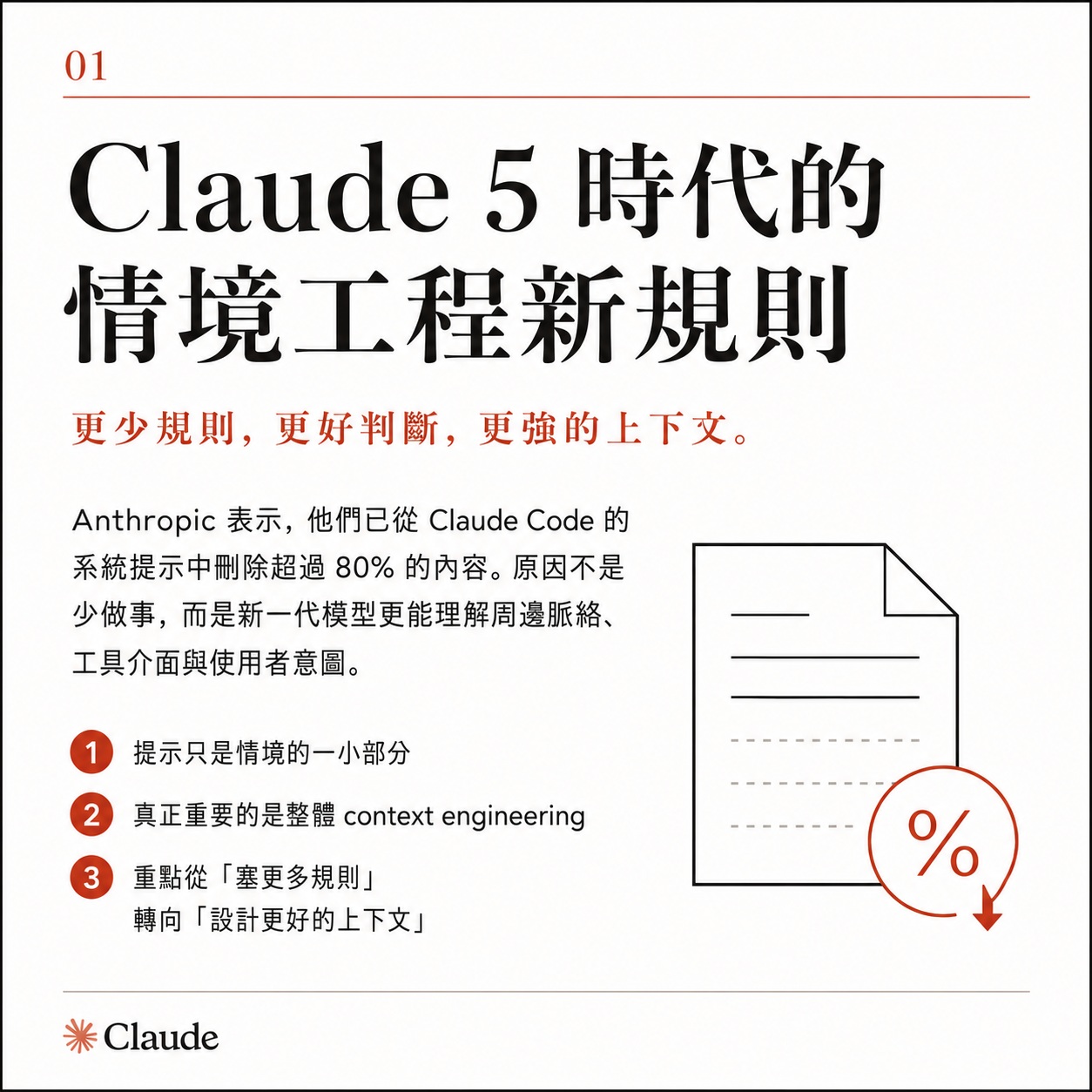 圖卡一：Claude 5 時代的情境工程新規則，副標為更少規則、更好判斷、更強的上下文