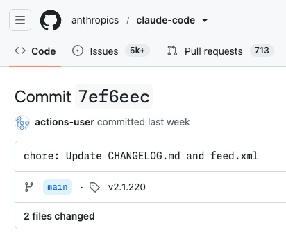 The GitHub page for the anthropics/claude-code repo, Issues showing 5k+, the latest commit tagged v2.1.220 and marked committed last week