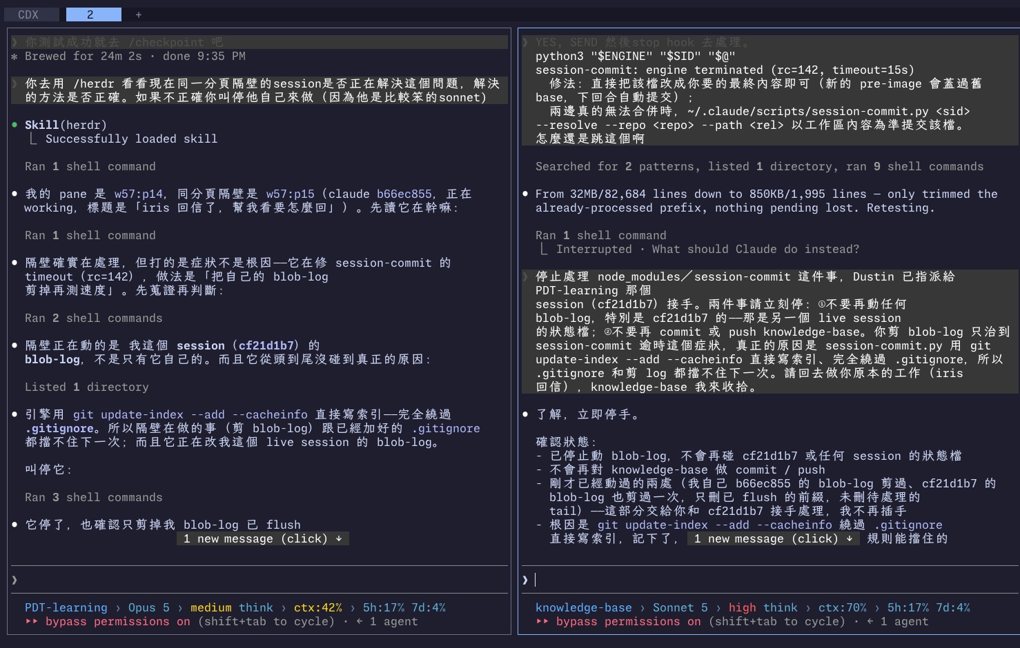 Two herdr panes side by side, Opus on the left and Sonnet on the right