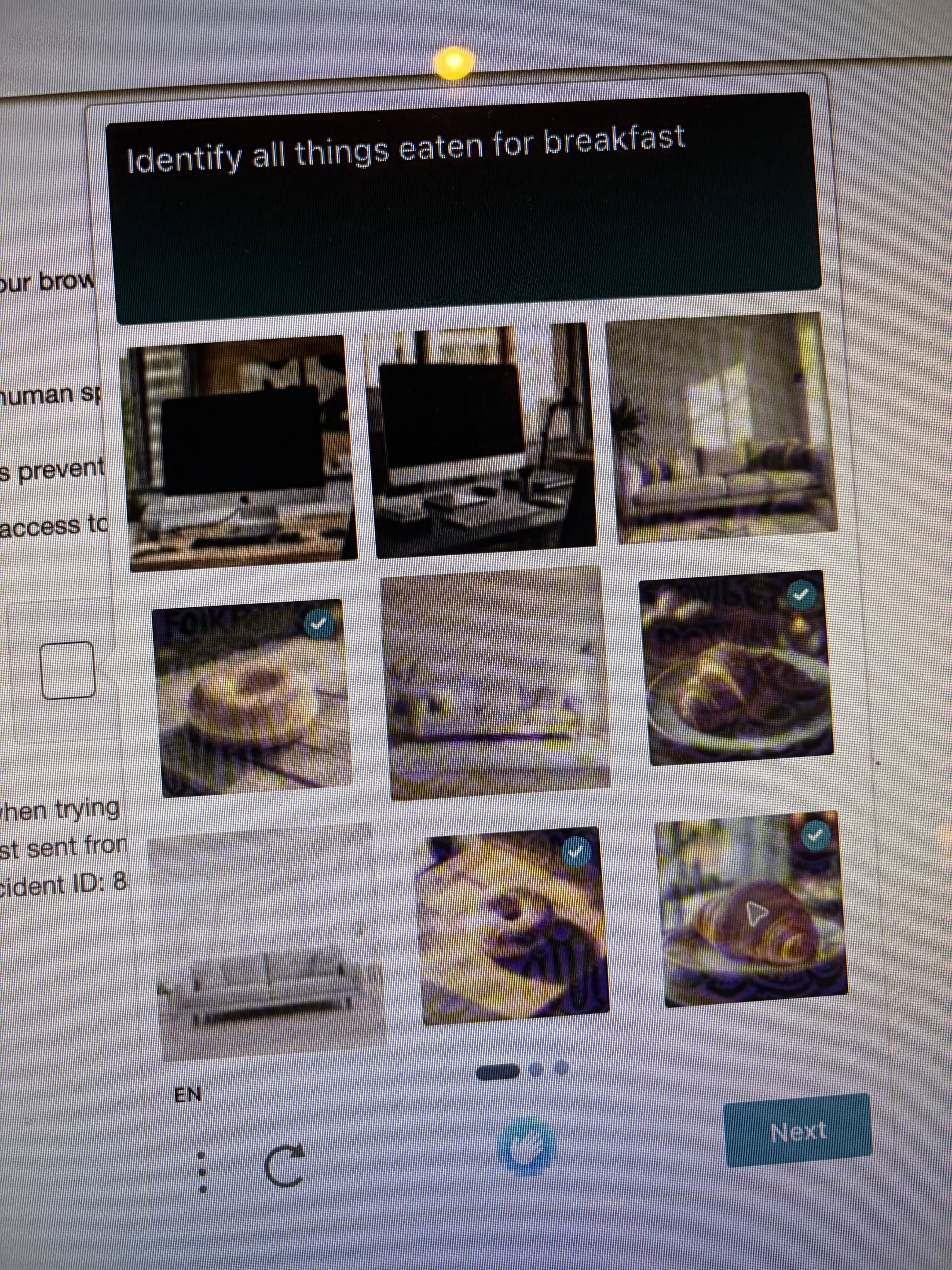 Cathay Pacific's image CAPTCHA asking to identify all things eaten for breakfast, with several tiles already selected