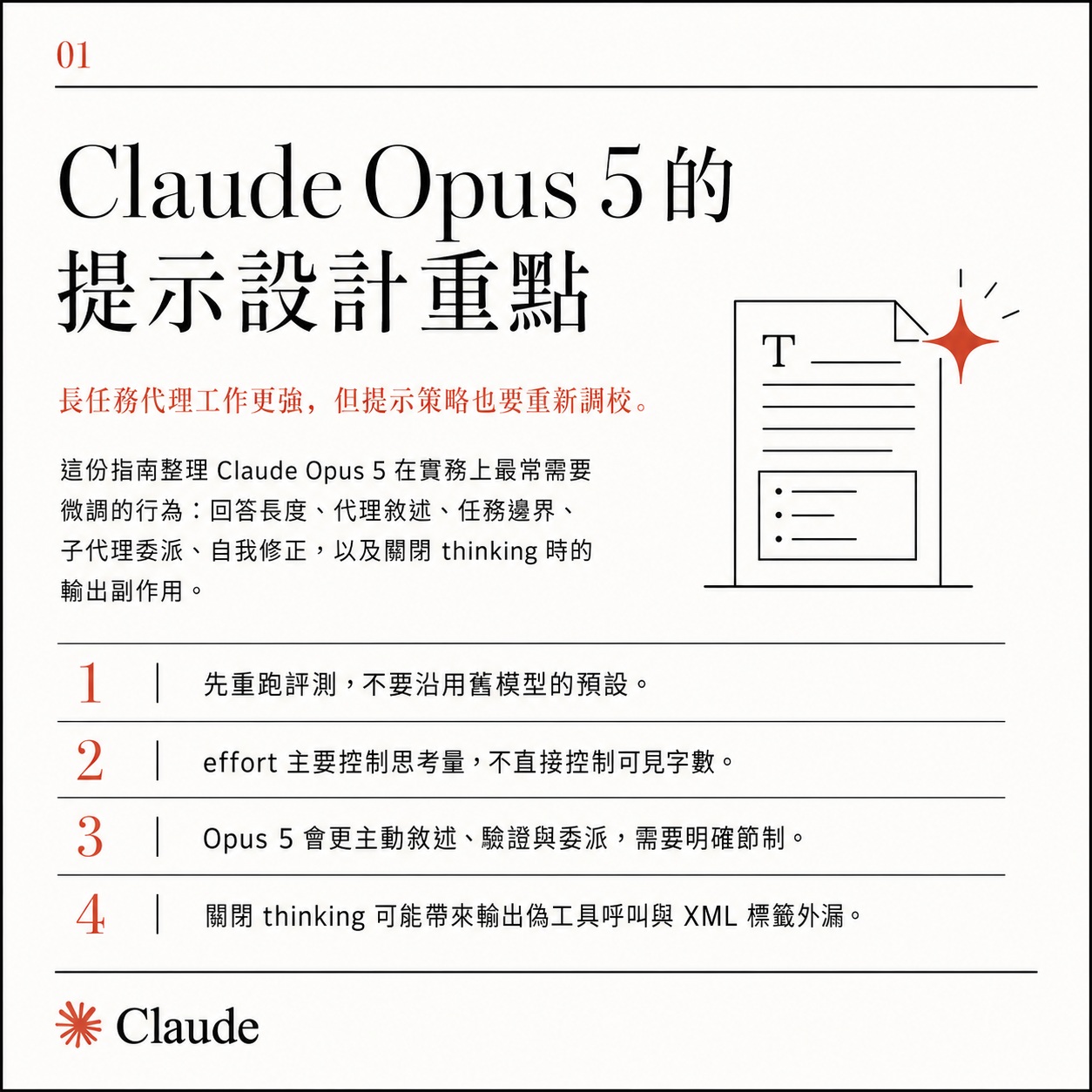 Card one: key points for prompting Claude Opus 5, subtitled that long-horizon agentic work is stronger but prompting strategy needs retuning