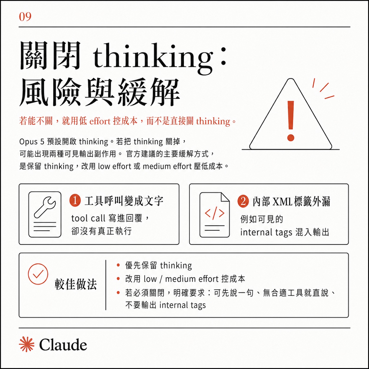 Card nine: risks and mitigation when thinking is turned off, listing tool calls becoming text and leaked internal XML tags