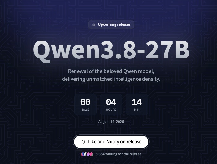 The Qwen 3.8 27B model card on Hugging Face, listing native vision, switchable thinking mode and effort, and 262K context