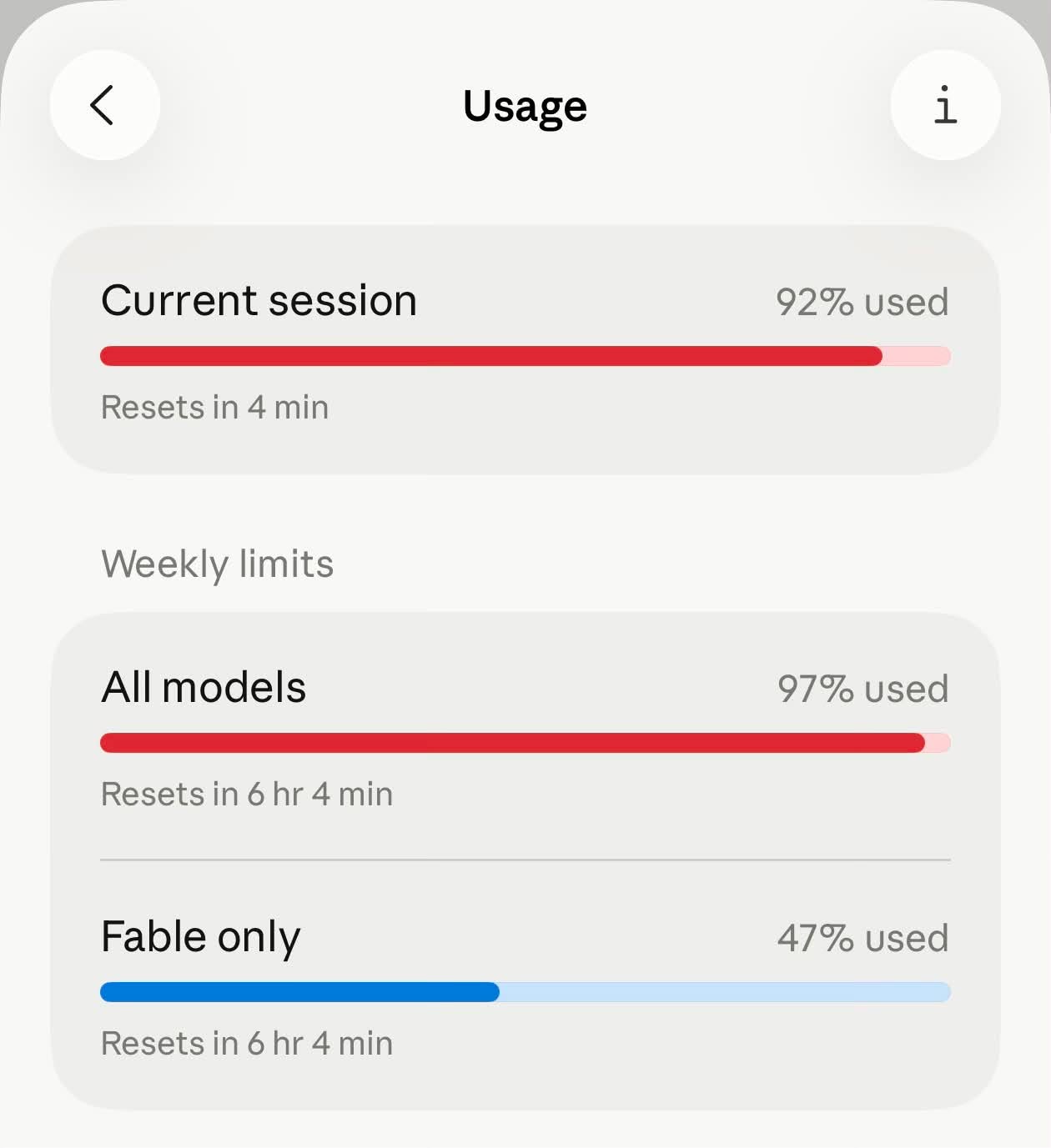 A phone usage panel: 92% of the current session used, 97% of the weekly all-models limit used, and only 47% of the Fable-only limit